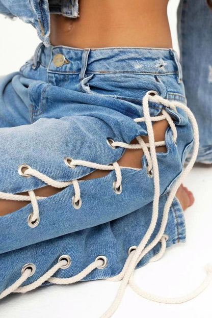 Eyelet Lace-Up Cutout Straight Jean