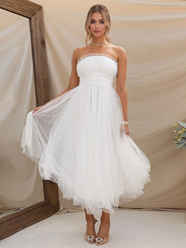 Tulle Dresses Strapless Pleated Off The Shoulder Layered Prom Midi Dress