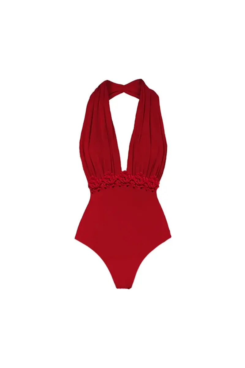 Deep V Halter Solid One Piece Swimsuit Set