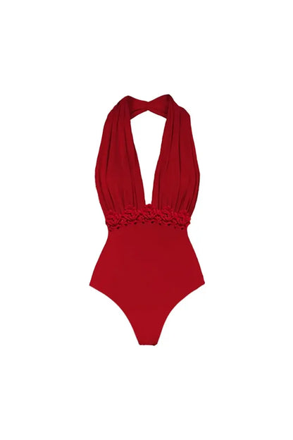Deep V Halter Solid One Piece Swimsuit Set