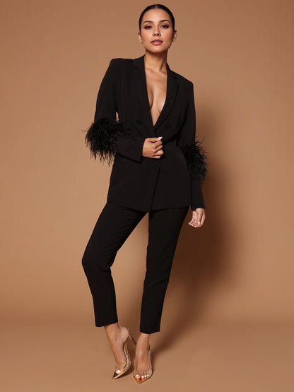 Pant Set Lapel Deep V-Neck Feathers Sexy Women Suits