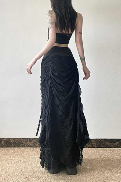 Y2K Goth Lace-Up Paneled Patchwork Maxi Skirt