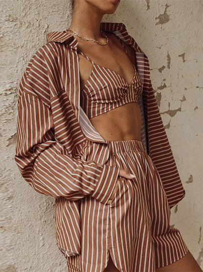 Single-breasted Long Sleeve Lapel Stripe Three Piece Shorts Set