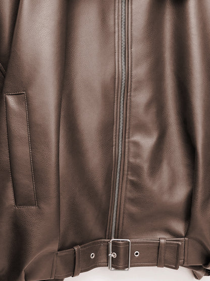 Oversized Faux Leather Bomber Jacket With Belt For Autumn 2026
