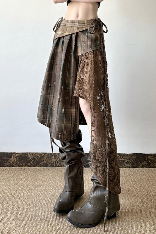 Wasteland Plaid Asymmetrical Lace Skirt