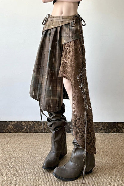 Wasteland Plaid Asymmetrical Lace Skirt