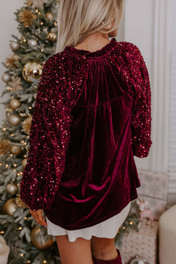 Sequin Patchwork Sleeve Button Up Velvet Top