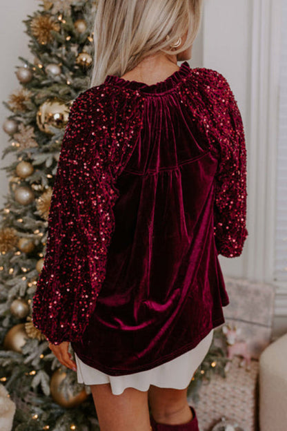 Sequin Patchwork Sleeve Button Up Velvet Top