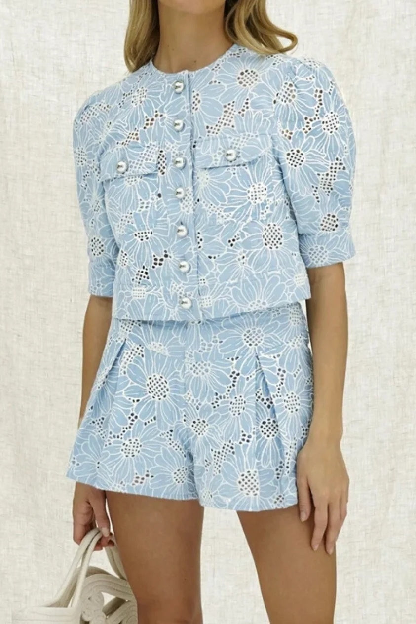 Joyce Floral Embroidered Blouse & Shorts Set