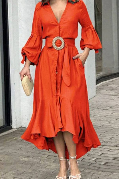 Full-Sleeve V Neck Belt Button Pocket Midi Dress