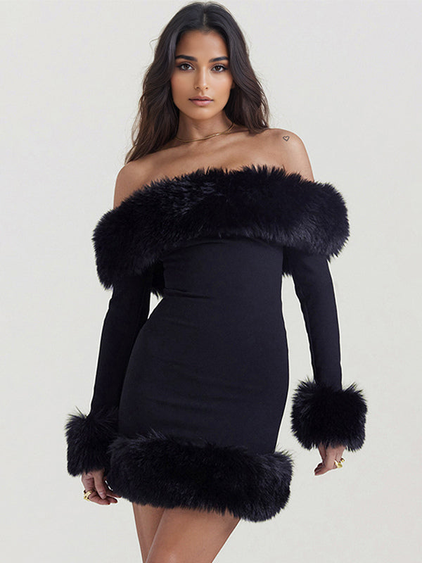 Faux Fur Trim Mini Dress Off The Shoulder Sexy Birthday Party Dresses