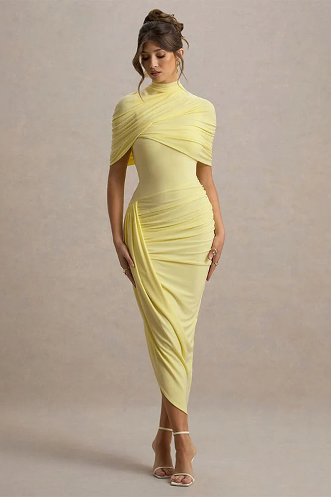 Mock Neck Crossover Ruched Draped Shoulder Wrap Bodycon Midi Dress