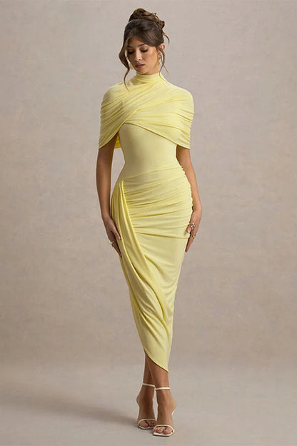 Mock Neck Crossover Ruched Draped Shoulder Wrap Bodycon Midi Dress