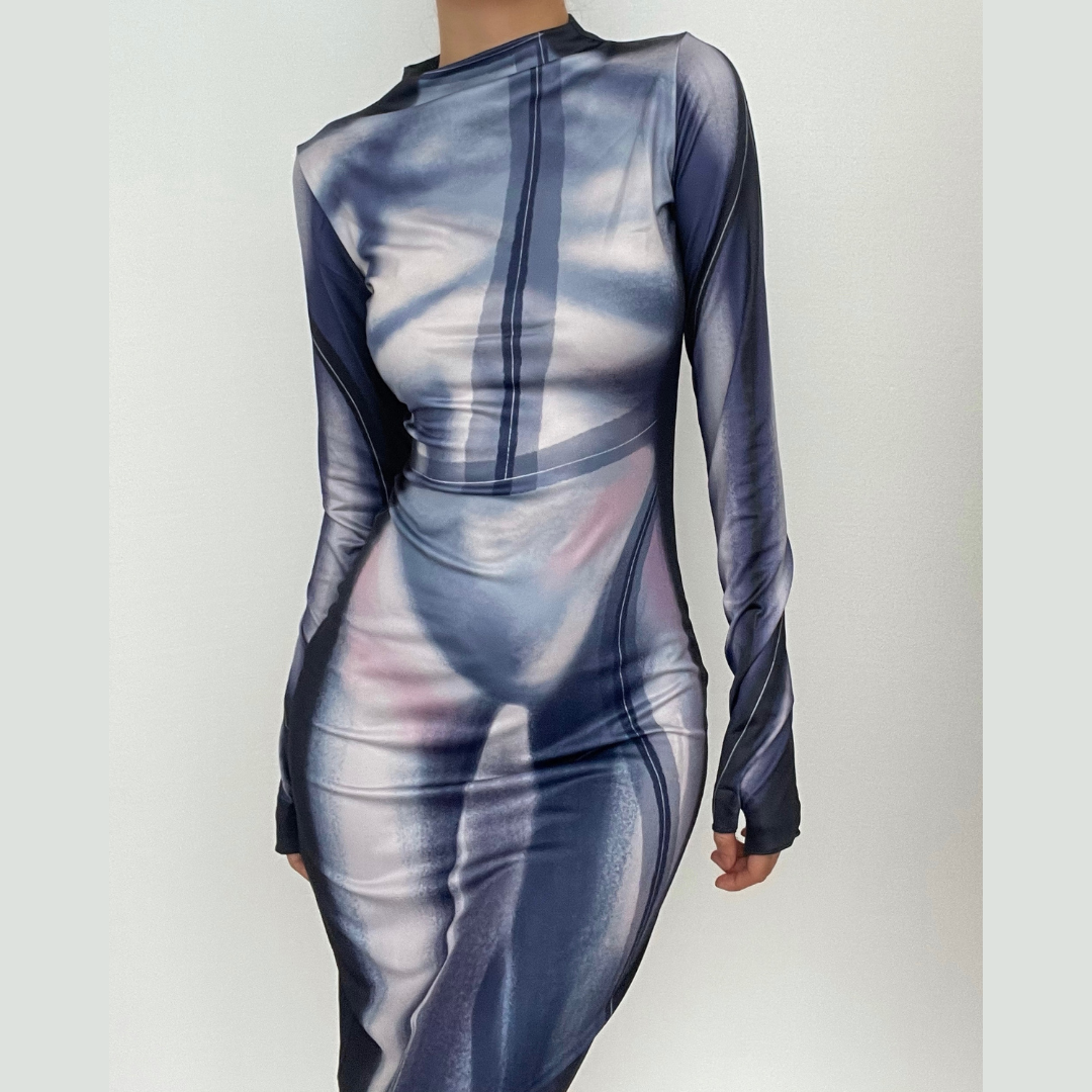 Mock Neck Long Sleeve Thumbhole Bikini Silhouette Body Print Bodycon Maxi Dress