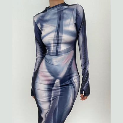 Mock Neck Long Sleeve Thumbhole Bikini Silhouette Body Print Bodycon Maxi Dress