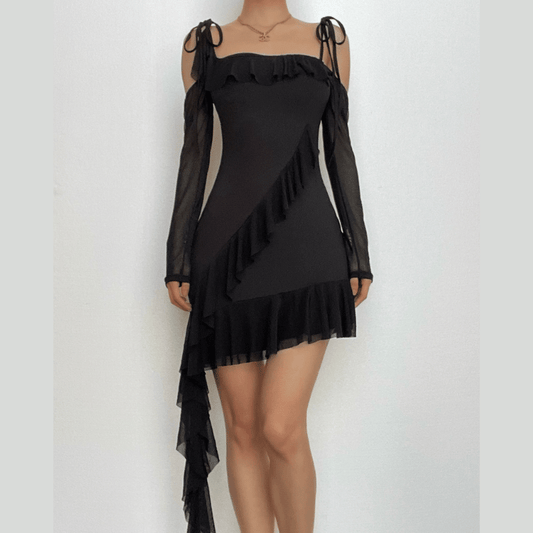 Ruffle self tie irregular off shoulder mesh long sleeve mini dress