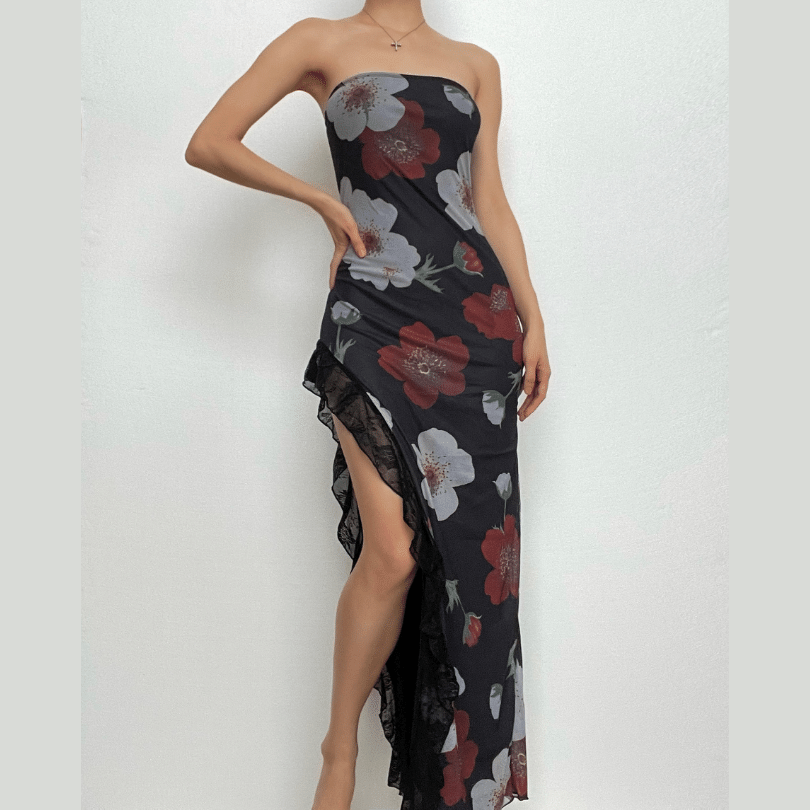 Floral Print Strapless Tube Neck Lace Trim Thigh Slit Maxi Dress