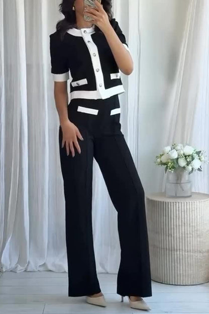 Fashionable Contrast Color Short-sleeved Button-down Top