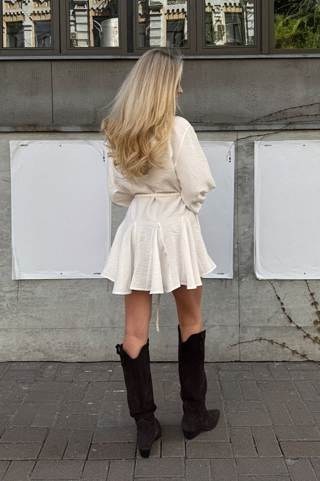 Textured Plissé Mandarin Collar Lantern Sleeve Rope Belt Mini Shirt Dress