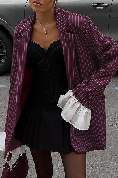 Lace Striped Loose Flared Sleeve Blazer Coat