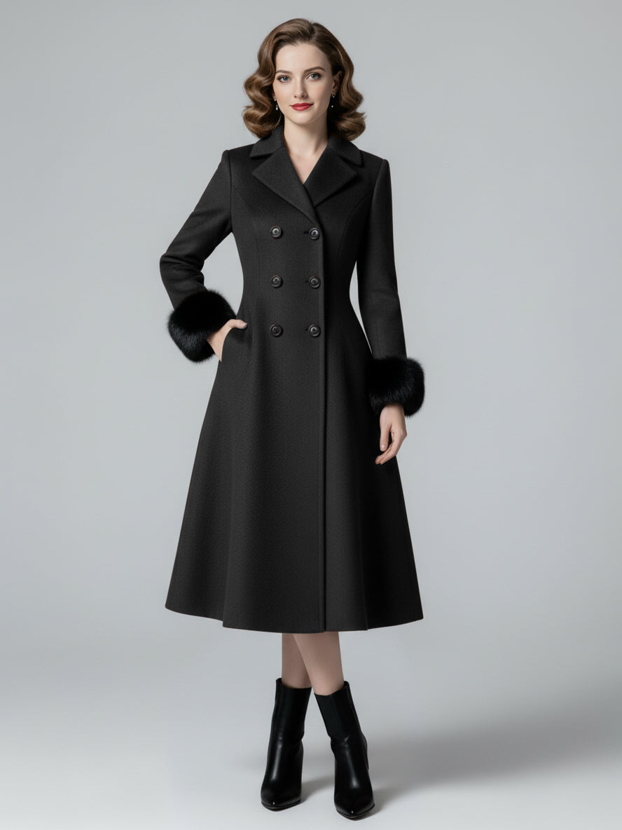 Wool Blend Double-breasted Midi Flared Coat with black Faux Fur Cuffs For Women 2026