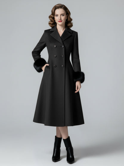 Wool Blend Double-breasted Midi Flared Coat with black Faux Fur Cuffs For Women 2026