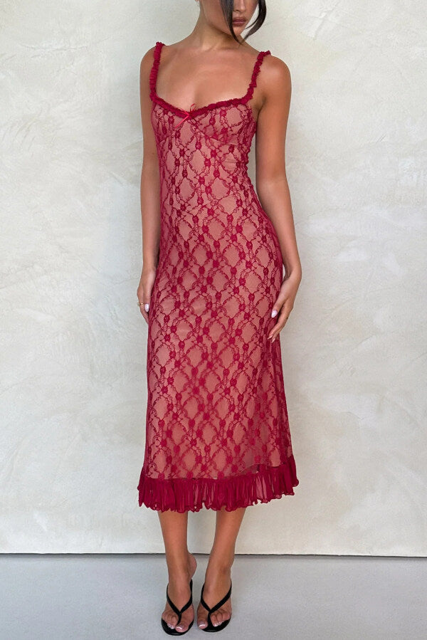 Stylish Plaid Camisole Lace Slim-fit Elegant Midi Dress