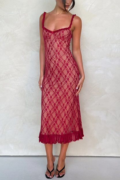 Stylish Plaid Camisole Lace Slim-fit Elegant Midi Dress