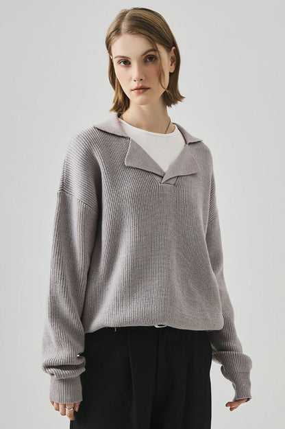 Oversized Lazy V-Neck Long-Sleeve Knit Top