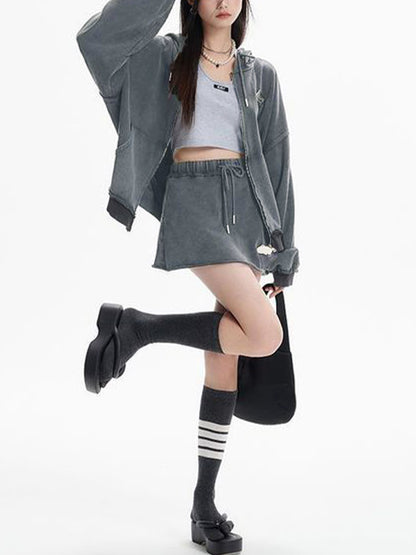 Distressed Washed Double Zip Hoodie & Frayed Hem Skirt Set