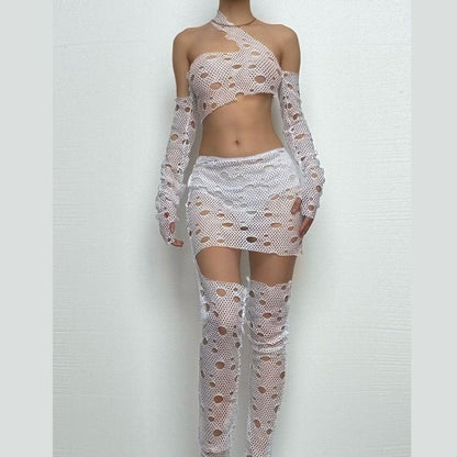 Hollow out one shoulder irregular long sleeve pant set