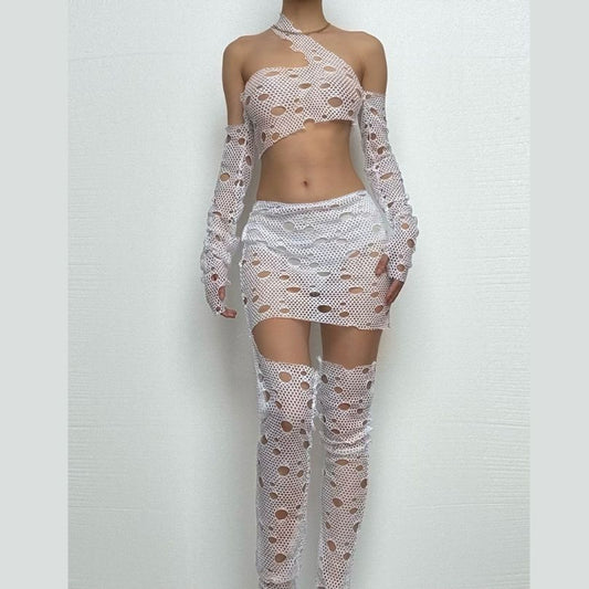 Hollow out one shoulder irregular long sleeve pant set