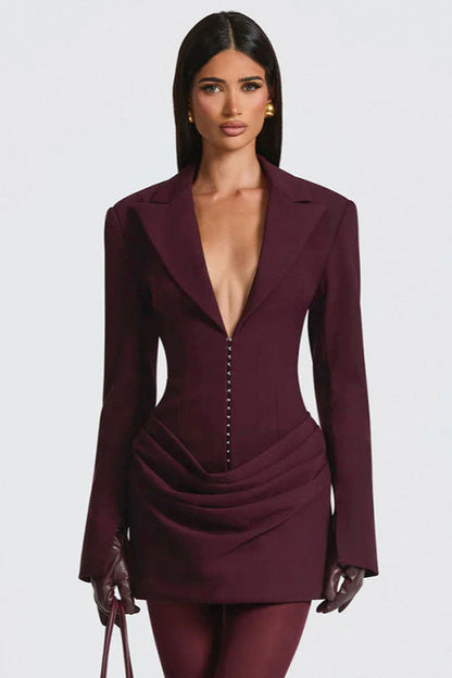 Peak Lapel Deep Plunge Corset Hook Closure Ruched Wrap Blazer Mini Dress