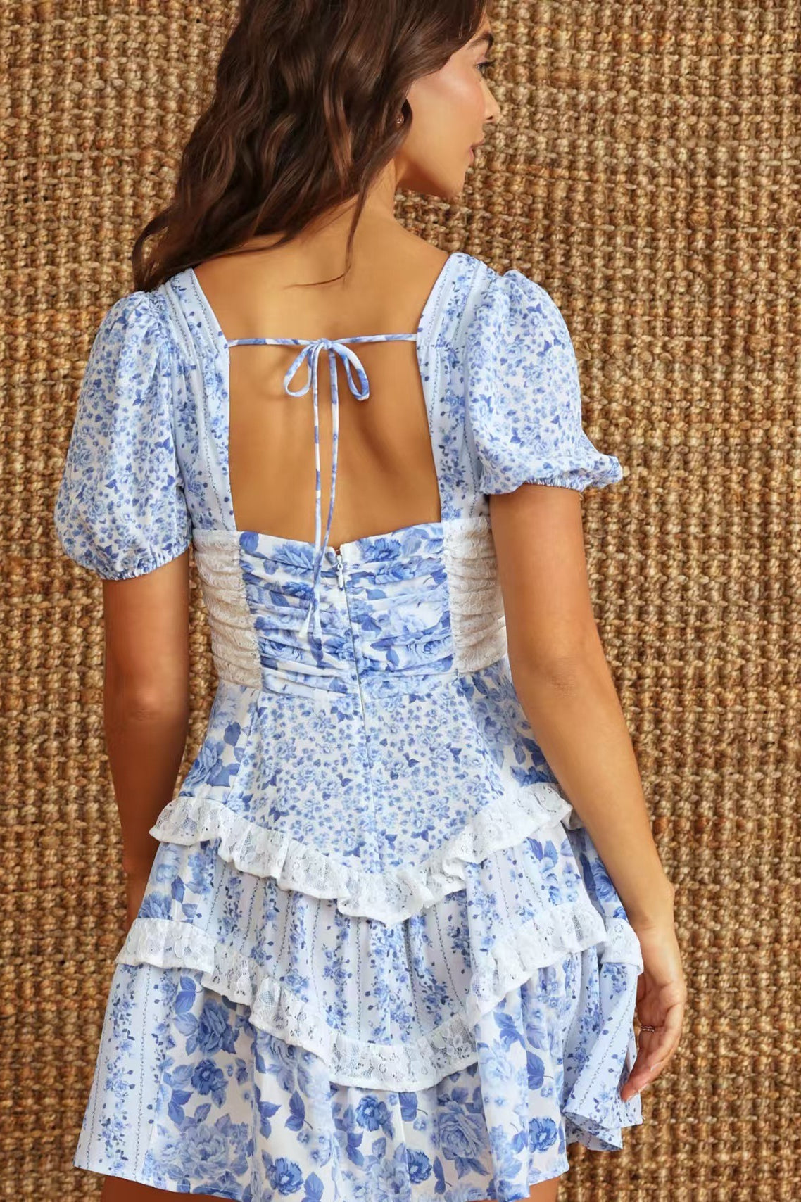 Floral Print Puff Sleeve Lace Smocked Waist Tiered Ruffle Mini Dress