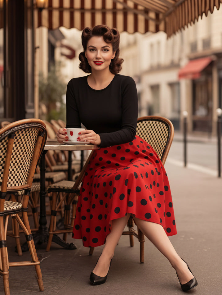 Vintage Polka Dot Swing Dress for Women - 1950s Rockabilly Long Sleeve Belted A-Line Midi Dress - Spring Retro Party 2026