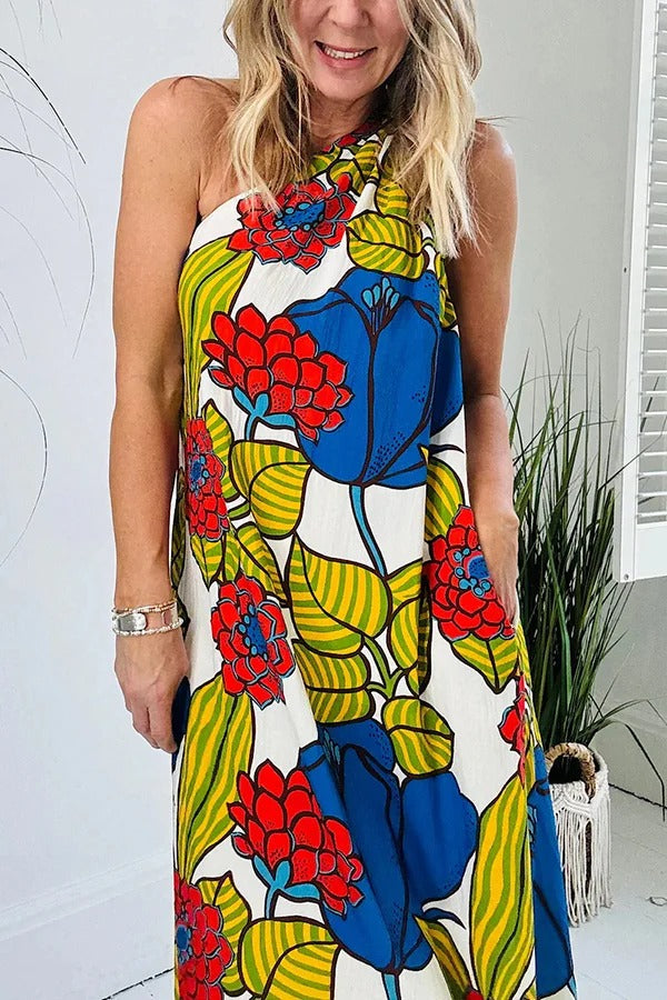 Floral Unique Printed One Shoulder Pocketed Loose Maxi Dress