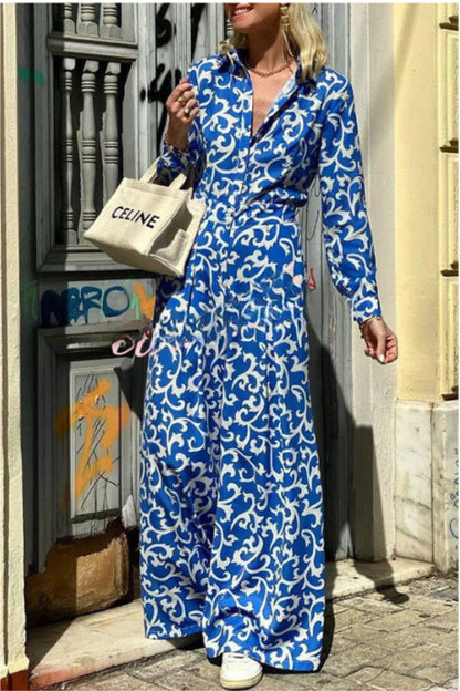 Ethnic Print Lapel Button Pocket Long Sleeve Shirt Maxi Dress