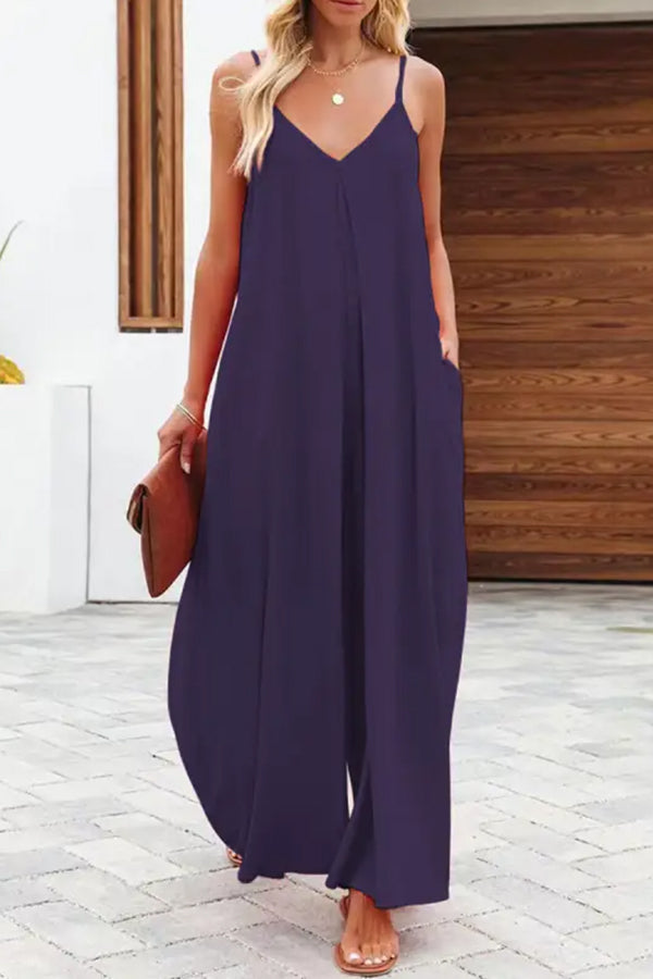 Solid Color Side Pocket Casual Wide-leg Suspender Jumpsuit