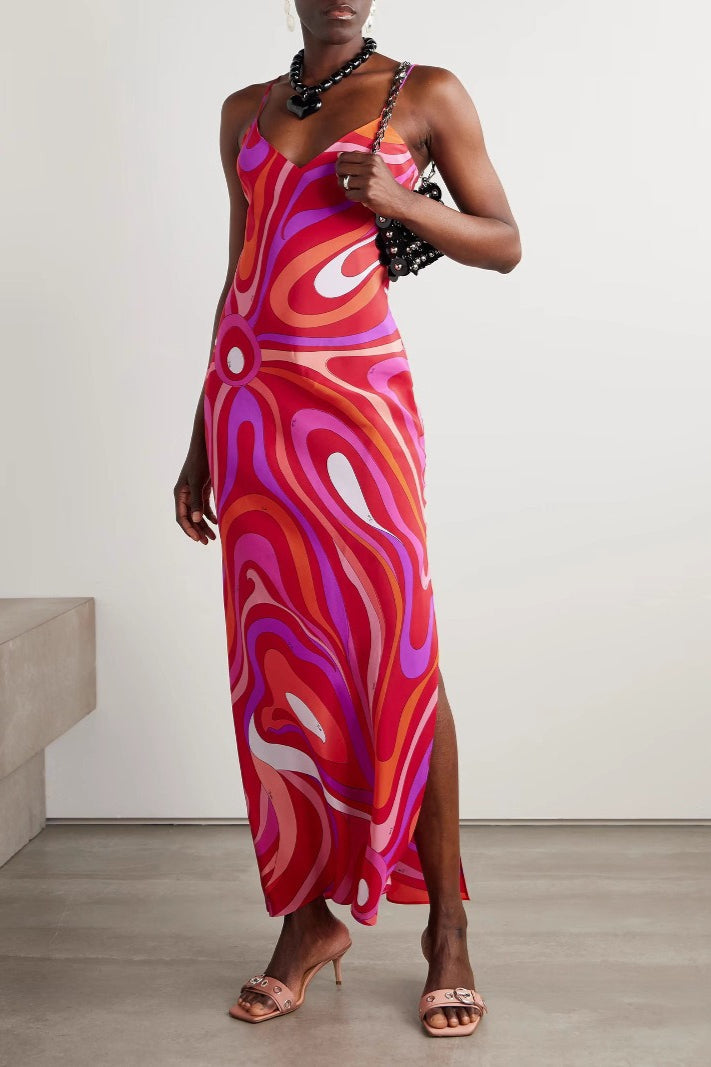Sexy Printed Satin Cami Slit Silk Dress