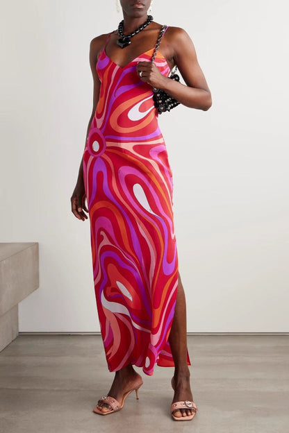 Sexy Printed Satin Cami Slit Silk Dress