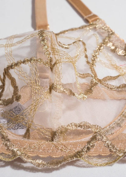 Golden Lace Three-Piece Lingerie Set – Sheer Bra, Garter & Thong