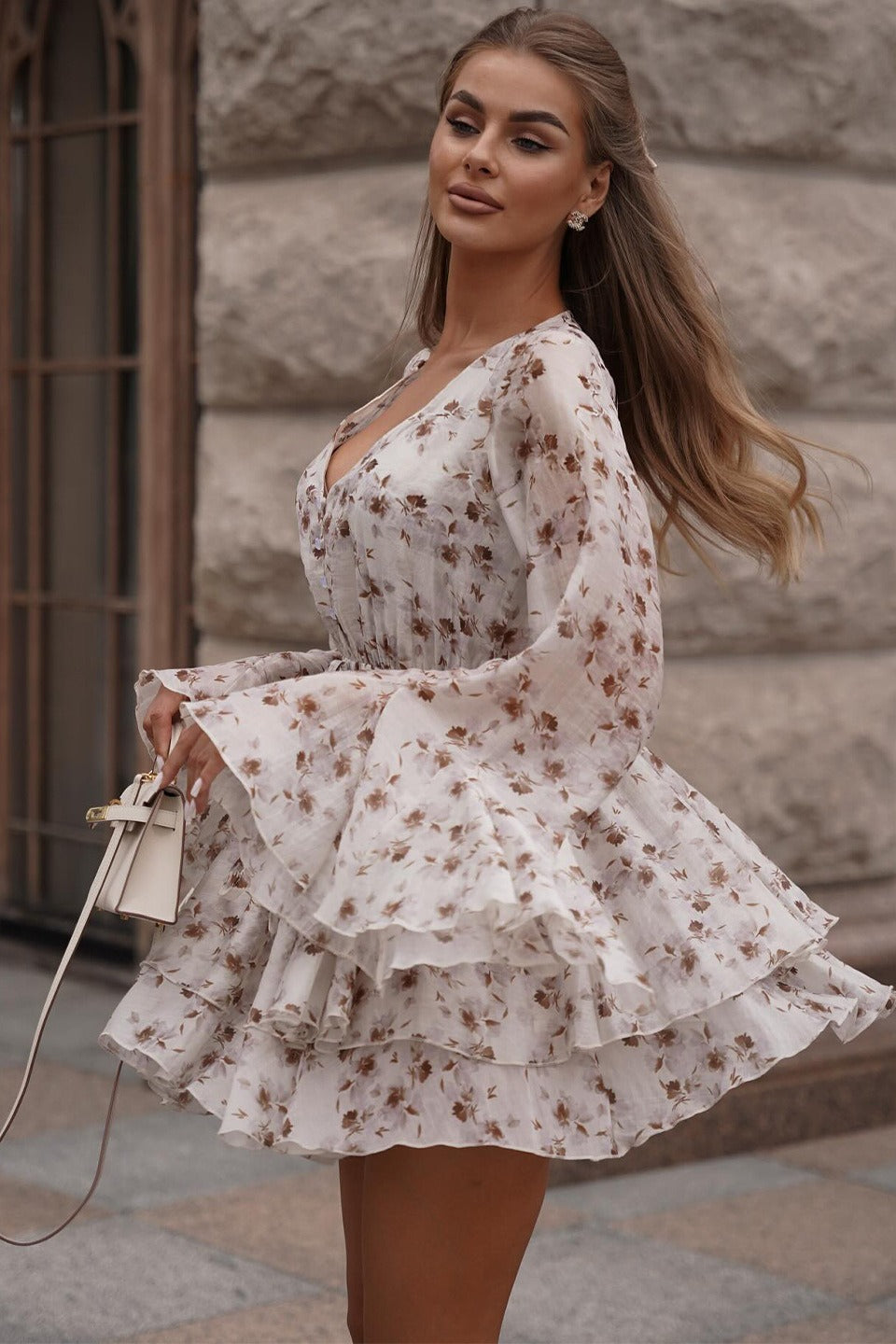 Floral Print Button-Front Drawstring Tiered Bell Sleeve V-Neck Mini Dress