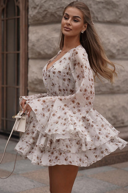 Floral Print Button-Front Drawstring Tiered Bell Sleeve V-Neck Mini Dress