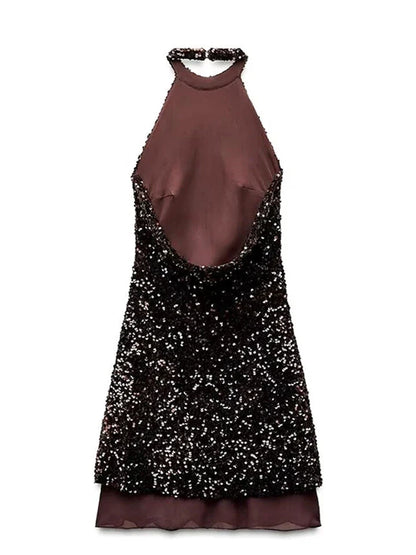 Halterneck Sequins Short Backless Dress