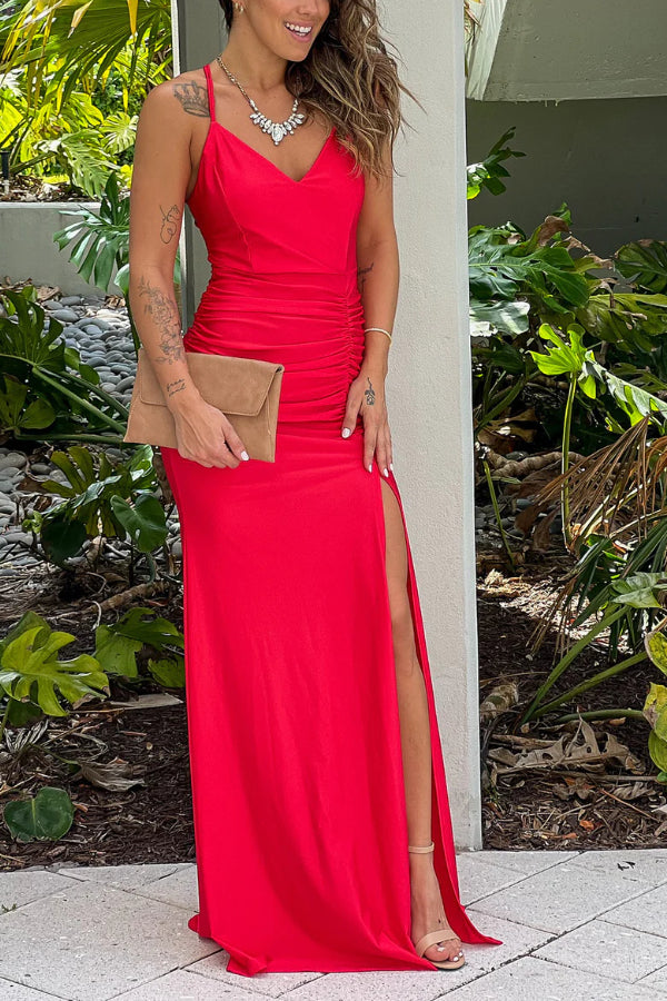 RED RUCHED MAXI DRESS WITH SLIT