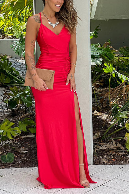 RED RUCHED MAXI DRESS WITH SLIT