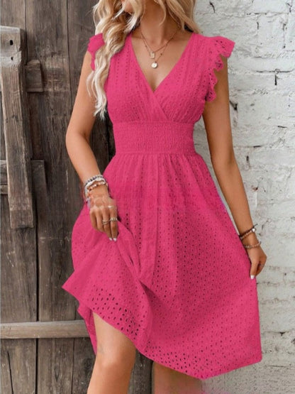 7 Colors Lace Flutter Sleeve V-neck Midi Dress