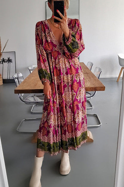 Fashion Print V Neck Casual Panel Dress