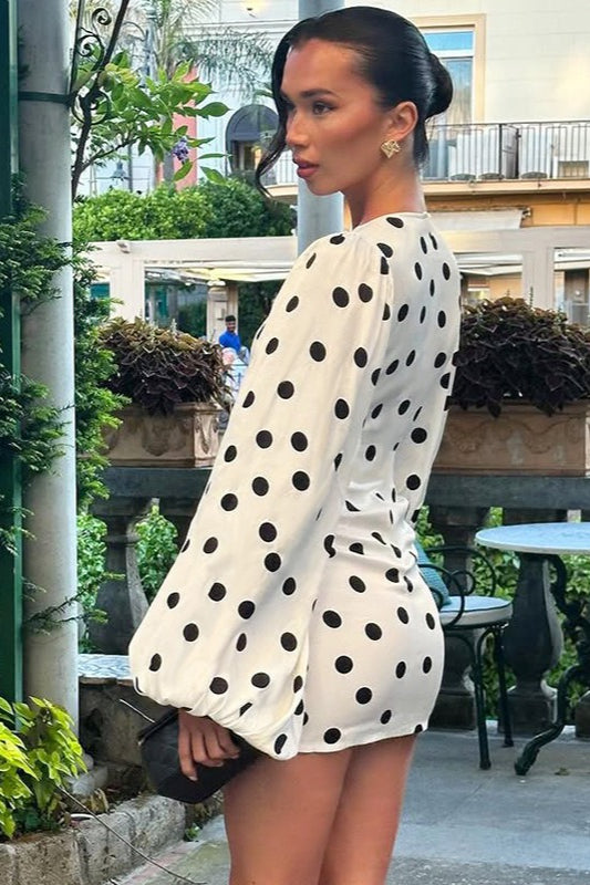 Polka Dot Deep V-Neck Balloon Sleeve Cinched Waist Bodycon Mini Dress
