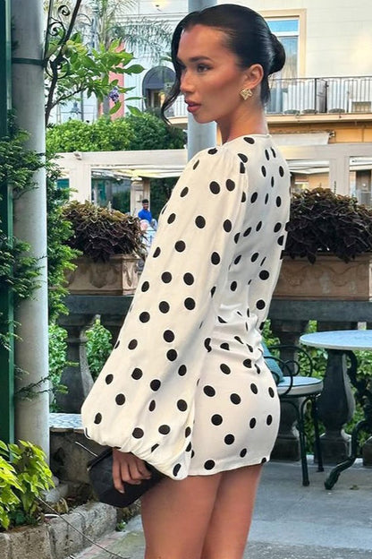 Polka Dot Deep V-Neck Balloon Sleeve Cinched Waist Bodycon Mini Dress